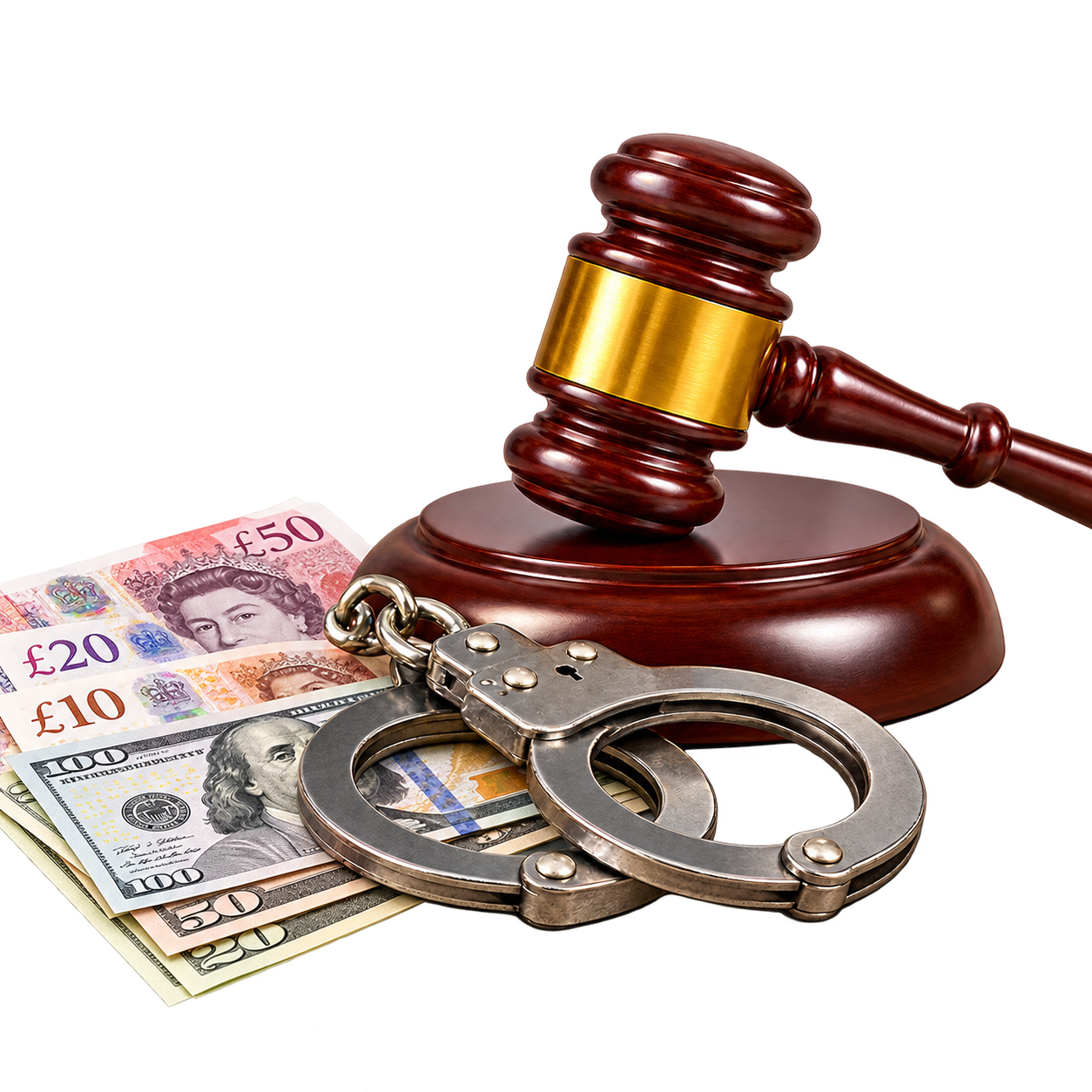 Legal consequences of fake ID showing a judge's gavel, handcuffs and money